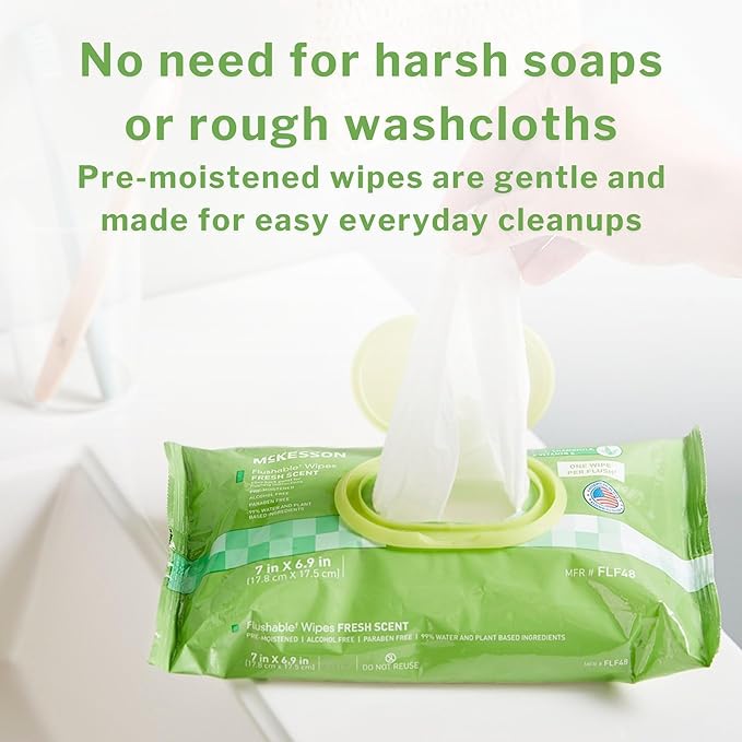McKesson Flushable* Adult Wet Wipes – 96 Wipes (1 Pack of 96) – Aloe & Vitamin E, Plant-Based Cleansing Wipes, Scented