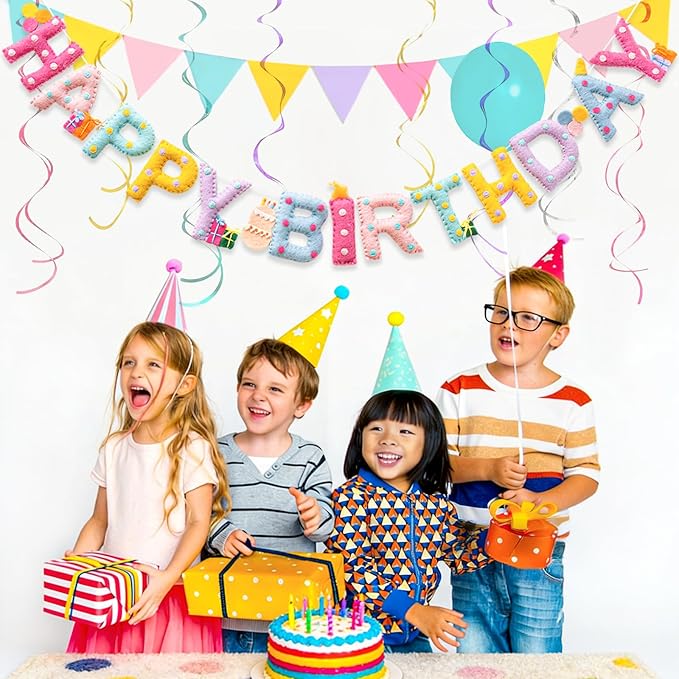 Updated Pre-Strung Handmade Wool Felt Pastel Happy Birthday Banner, Unique 3D Confetti Dots Happy Birthday Garland Decor, Reusable Happy Birthday Sign for Macaron Rainbow Party Backdrop Decorations