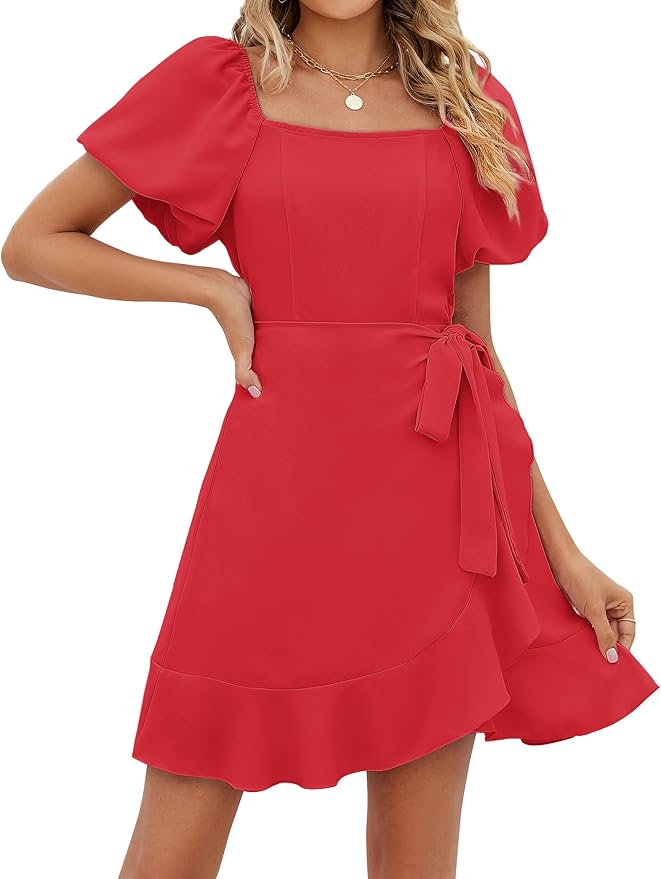 Sampeel Womens Summer Dresses Square Neck Puff Sleeve Tie Waist Short Dress