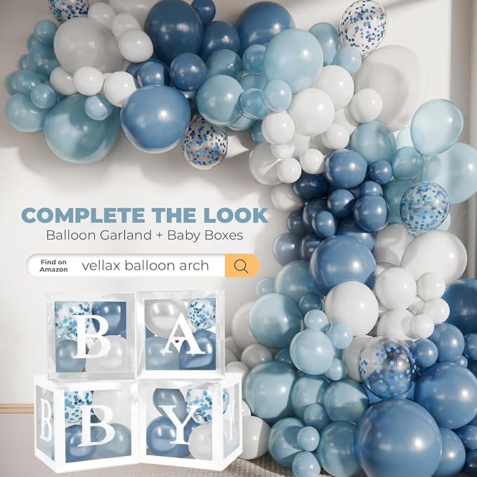 Baby Shower Boxes with Letters – White Boxes with White, Dusty Blue, Light Blue and Confetti Balloons – 44-Piece Gender Reveal & Party Decoration Set by Vellax