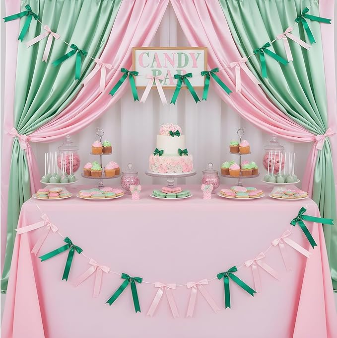 2 Strings Bow Garland Pink Green Bow Garland Banner Hanging Birthday Decorations for Party Decorations Bachelorette Wedding Party Baby Shower Graduation 16pcs