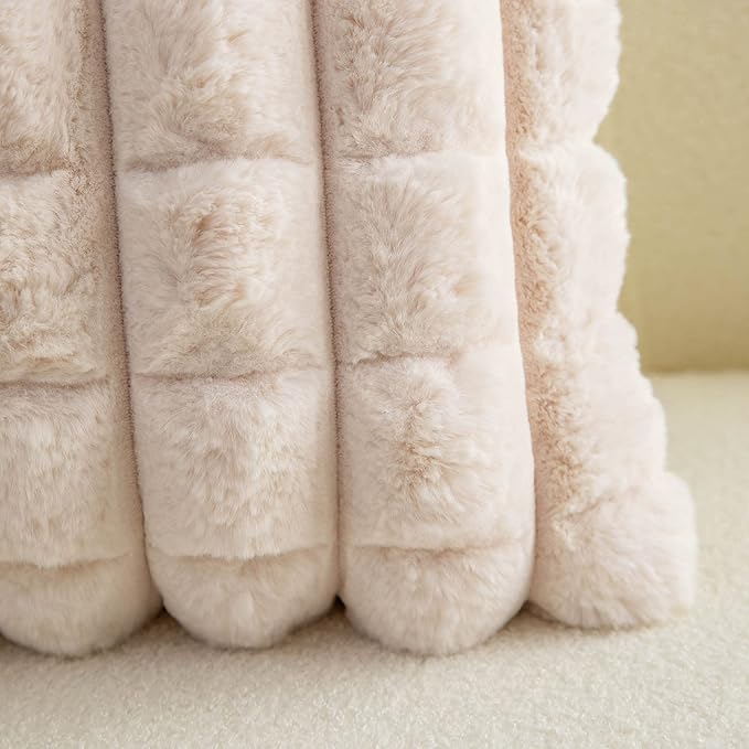 Neelvin Beige Faux Fur Cozy Soft Plaid Decorative Throw Pillow Covers 12x20 inch Set of 2,Velvet Pillowcase Cushion Case for Sofa Couch