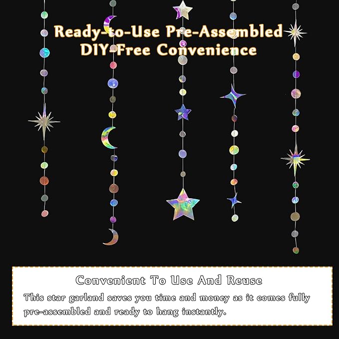 52 Feet Star Garland Banner Decorations for Party,Gold Star Hanging Bunting Banner Hanging Glitter Stars Garland Christmas Birthday Decorations (4 Pack Star and Moon Set)