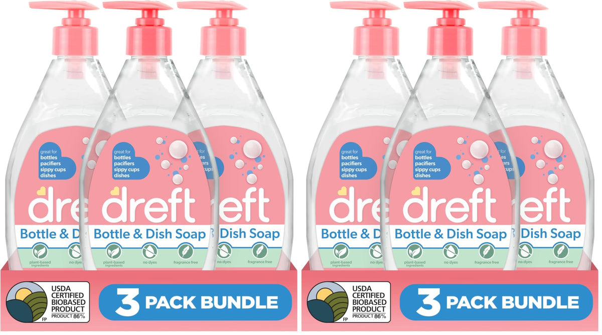 Dreft Bottle and Dish Soap | Made to Clean Baby Bottles,Sippy Cups,Pacifiers,Breast Pumps,& More | Gently Removes Milk Film & Odors-| Plant Based,Fragrance Free Dish Soap-| 18 Fl Oz,(Pack of 6)