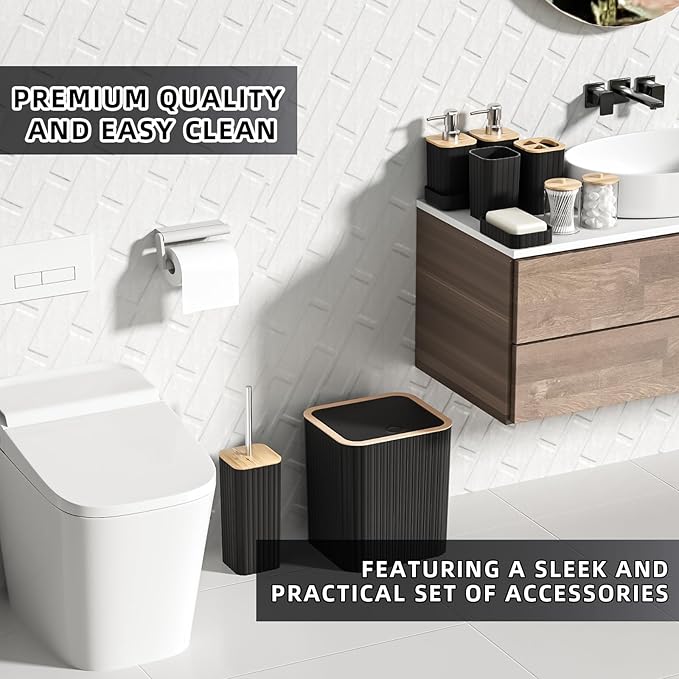 Bathroom Accessories Set - Elegant Black Bathroom Set, 10PC Bathroom Accessory Set, Toilet Brush, Trash Can, Qtip Holder Dispenser & Soap Dispenser