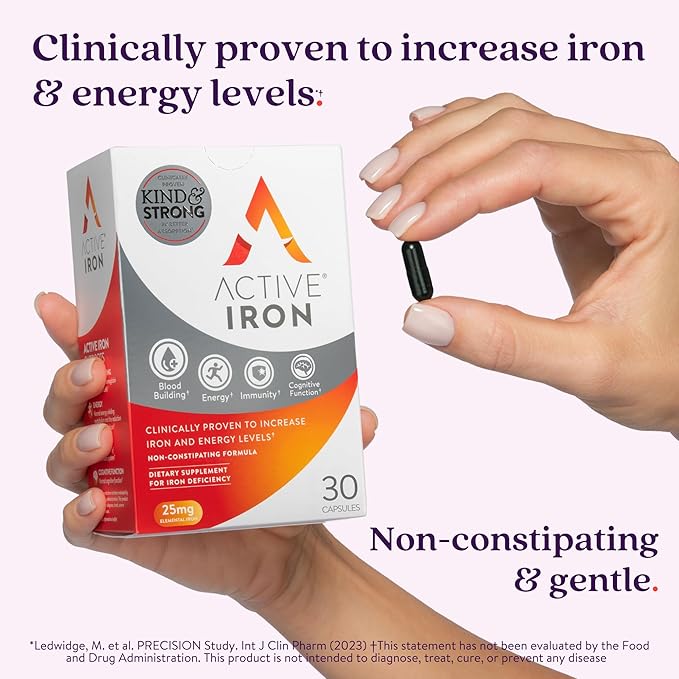 Active Iron Supplement 25mg – Clinically Proven to Increase Iron & Energy Levels – Gentle, Non-Constipating, Highly Absorbed – 30 Capsules