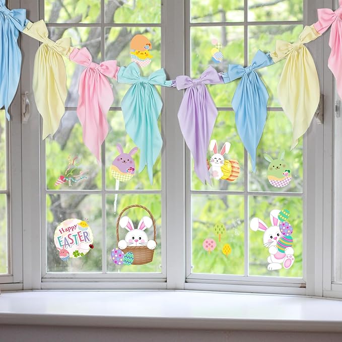 VitalCozy 1 Pcs Easter Pastel Bow Garland Banner - Silk Satin Ribbon Hanging Party Bow Garland Decoration for Easter Birthday Baby Shower Wedding Party Supplies