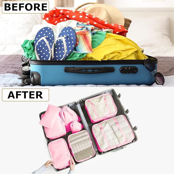 8 Set Packing Cubes for Suitcases Travel Luggage Packing Organizers,Travel Essentials Luggage Organizer Accessories for Shoe Bag Tioletry Bag Laundry Bag (Pink)