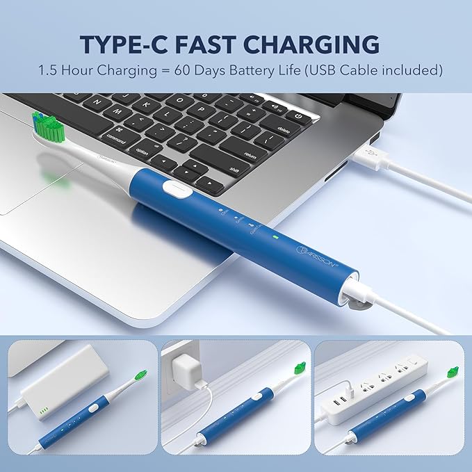 ARISSON Sonic Electric Toothbrush for Adults and Kids, 40,000 VPM Power Toothbrush, 1.5H Fast Charge Ultrasonic Electric Toothbrushes with 2 Minutes Smart Timer, White on Azure Blue