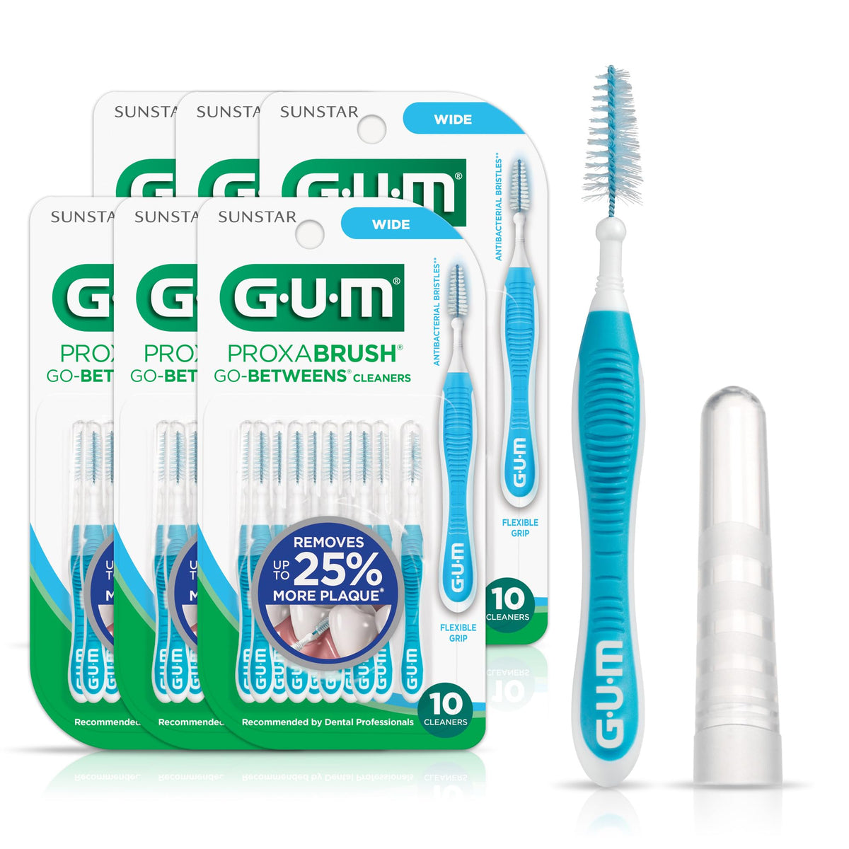 GUM Proxabrush Go-Betweens Wide Interdental Brushes – Soft Bristle Dental Picks for Plaque Removal, Health & Braces Care, 10 Count (Pack of 6)