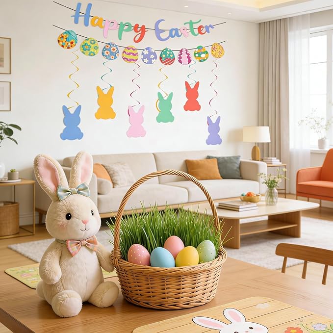 Happy Easter Banner Egg Garland with Bunny Hanging Swirl and Accessories Easter Party Decorations Set for Home Office Mantle Fireplace Indoor Outdoor Classroom Decorations