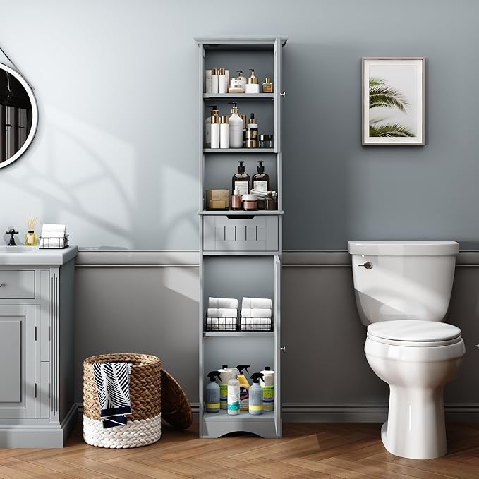 ChooChoo 67" Tall Bathroom Storage Cabinet Freestanding with Adjustable Shelves, Narrow Storage Linen Cabinet with 2 Doors and 1 Drawers for Bathroom, Living Room, Kitchen, Grey