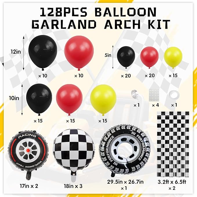 128pcs Race Car Balloon Arch Kit, With Red Black Yellow Balloons Large Foil Tire Balloon and Race Car Foil Fringe Curtains Backdrop for One Two Fast Birthday Party Decorations for Boys