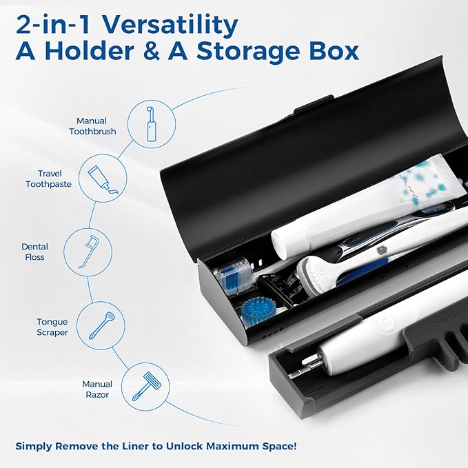 Aluminum Electric Toothbrush Travel Case, 2 in 1 Travel Toothbrush Holder for Oral B/Oral-B Pro 1000 1500 5000 7000 and Most Electric Toothbrush for Traveling, Removable Silicone Liner-Black