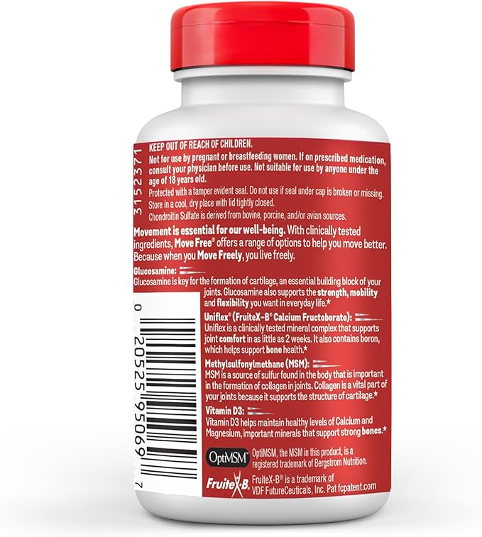 Move Free Advanced Glucosamine Chondroitin MSM + Vitamin D3 Joint Support Supplement, Supports Mobility Comfort Strength Flexibility & Bone + Immune Health - Tablet, 3x120ct Bottles (120 servings)*