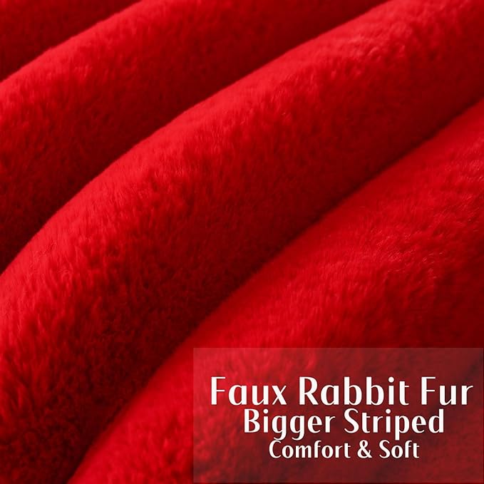 FUTEI Christmas Red Decorative Throw Pillow Covers 20x20 Inch Set of 2, Square Soft Faux Rabbit Fur Thick Striped Cushion Cover,Winter Home Decor for Couch Bed Living Room