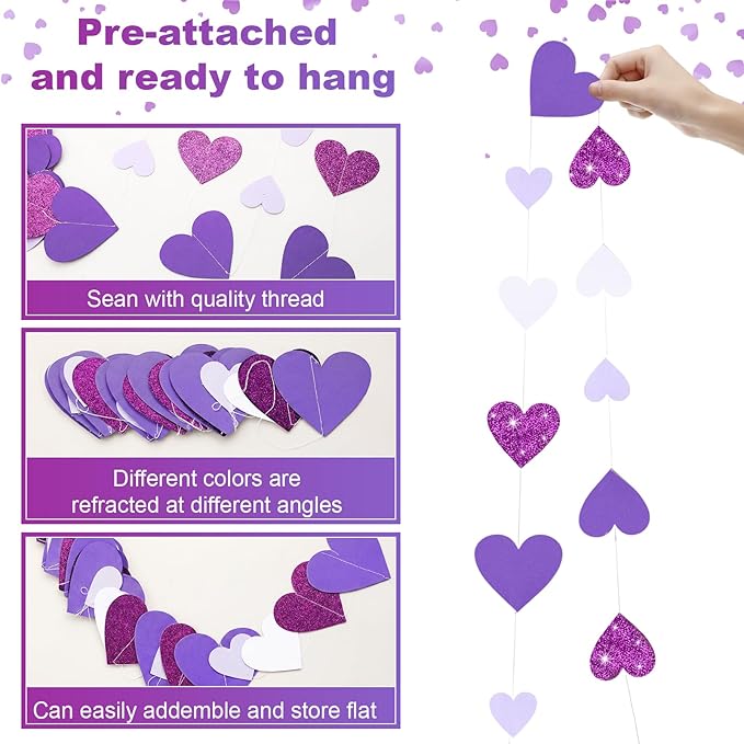 10 Pack 130ft Purple Lavender White Holographic Heart Party Garland Asymmetrical Love Hanging Banners for Birthday Wedding Baby Bridal Shower Engagement Bachelorette Graduation Decorations