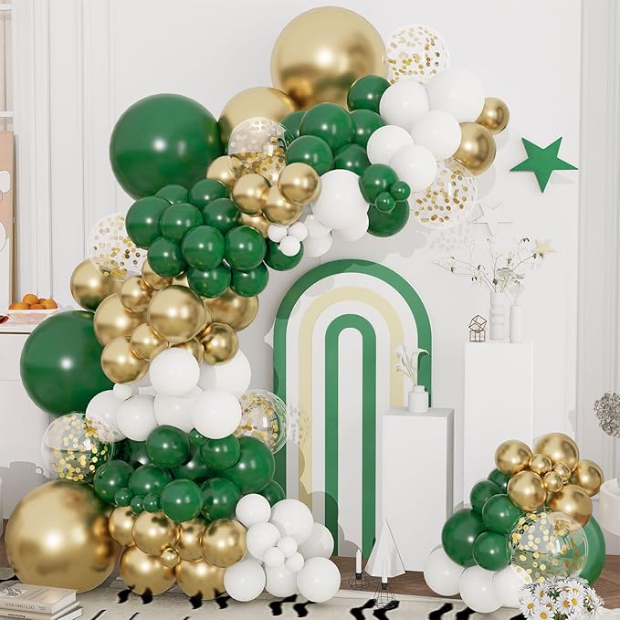 Green and Gold Balloons Garland Arch Kit,144pcs 18/12/10/5inch Emerald Green White Metallic Gold and Confetti Balloon for Birthday Wedding Baby Shower St. Patrick's Day Jungle Theme Party Decoration