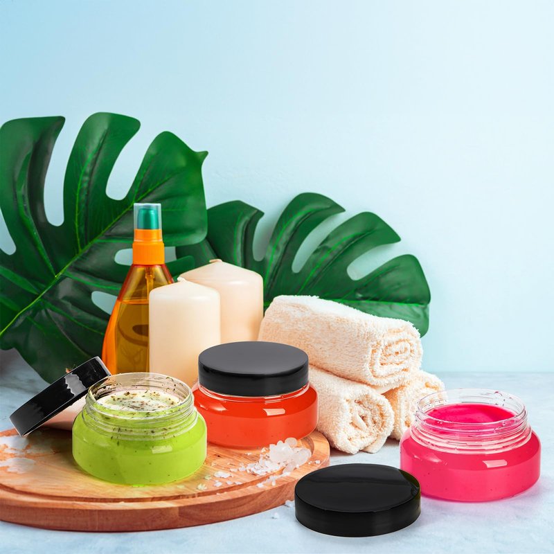 Yarlung 24 Pack 5 Oz Plastic Jars with Lids, Clear Body Scrub Jars Empty Refillable Containers Round Low Profile Samples Jars for Lotion, Body Butter, Sugar Scrub, Cream