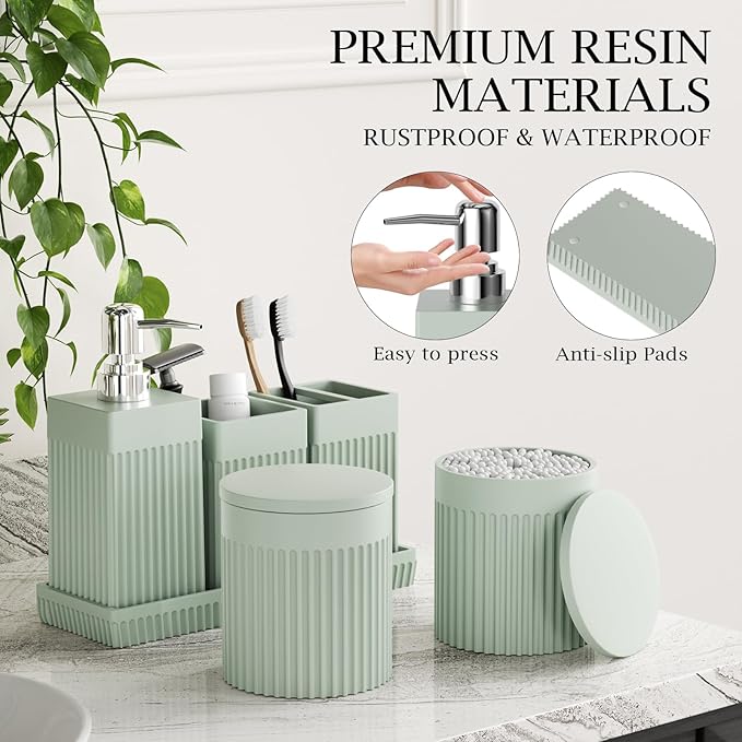 Bathroom Accessories Set, 6-Piece Resin Green Bathroom Set with Toothbrush Holders, Soap Dispenser, Vanity Tray, Tumbler, Cotton Swab Jars, Modern Bathroom Organizer for Small Spaces