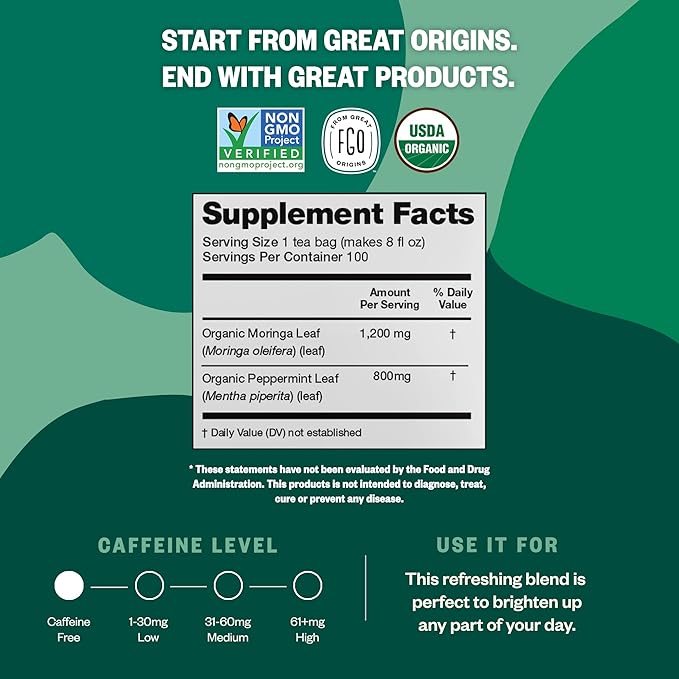 FGO Organic Moringa Mint Tea, 100 Count, Eco-Conscious Herbal Tea Bags, Resealable Bag, Caffeine Free, Packaging May Vary (Pack of 1)