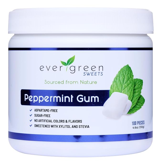 Evergreen Sweets Chewing gum 100 Count Jar - Natural Peppermint Gum Made with Xylitol and Stevia - Sugar-Free, Aspartame Free and Vegan