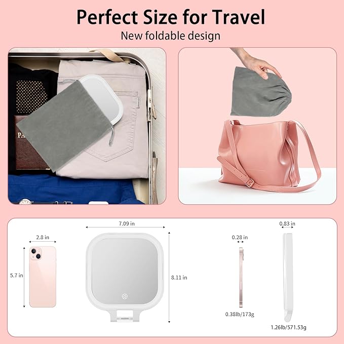 DESCHEN Rechargeable Travel Makeup Vanity Mirror with Lights and Magnification, Portable 1X/10X Magnifying Mirror with 3 Color Light, Lighted Makeup Mirror with Magnification, Folding LED Desk Mirror