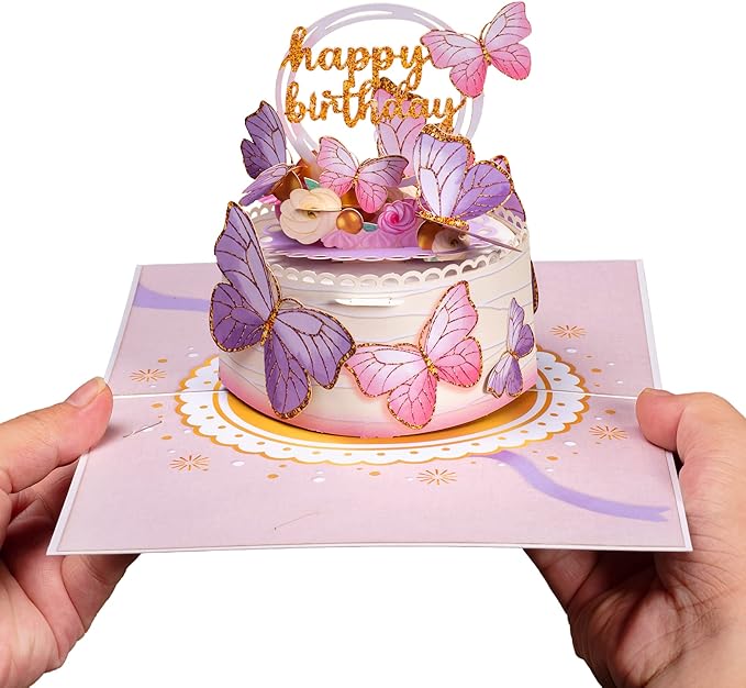 Paper Love Butterfly Birthday Cake, 3D Pop Up Birthday Card, For Adults or Kids - 5"x7" Cover - Includes Envelope and Note Tag