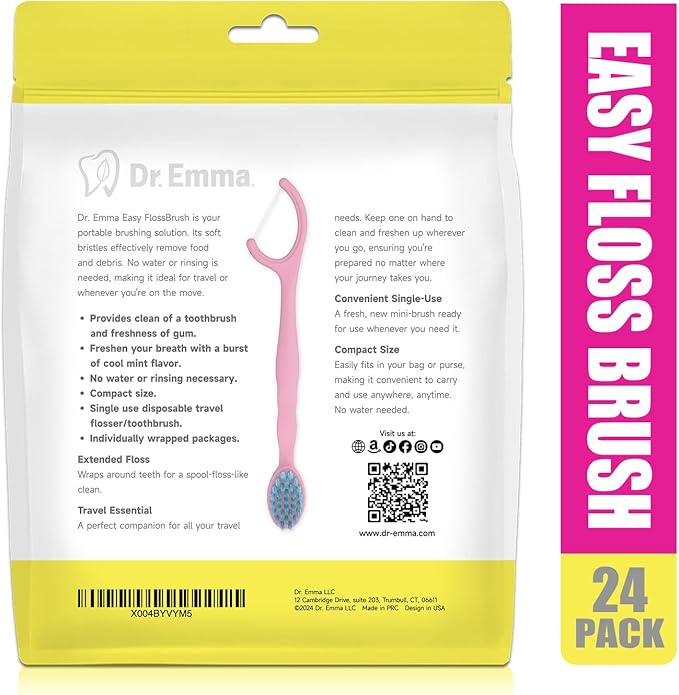 Dr. Emma Mini Brush Disposable Toothbrushes with Floss, Travel Mint Toothbrush for On-The-Go Use, 24 Packs Individually Wrapped Small Portable Toothbrush, Pink