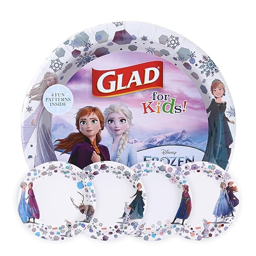 Glad for Kids Disney Frozen Disposable Paper Plates, Anna and Elsa - Heavy Duty, Soak Proof, Microwavable, Kid-Friendly Snack Plates for Everyday Use, 8.5 Inch, 40 Count
