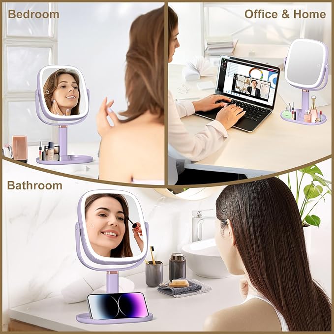 Mocado Makeup Mirror with Lights, 1X/20X Magnifying Mirror with Light, Vanity Mirror with 3 Colors Lights, Height Adjustable Lighted Makeup Mirror, Double Sided 360°Rotation, Memory Function (Purple)