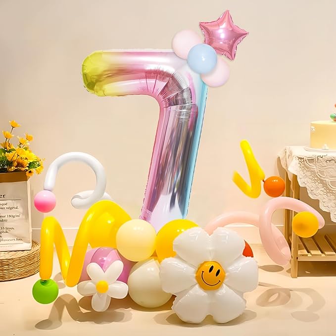 Rainbow Number Balloons Birthday Balloons - Giant Number 7 Balloon 40 inch, Numbers Balloon Birthday Decorations, Rainbow Party Supplies for Baby Shower