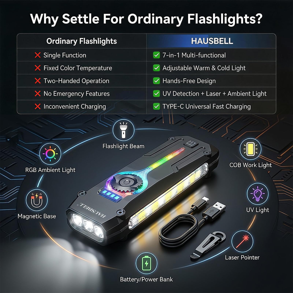 Flat EDC Rechargeable Tactical Flashlight, UV Magnetic Small Work light