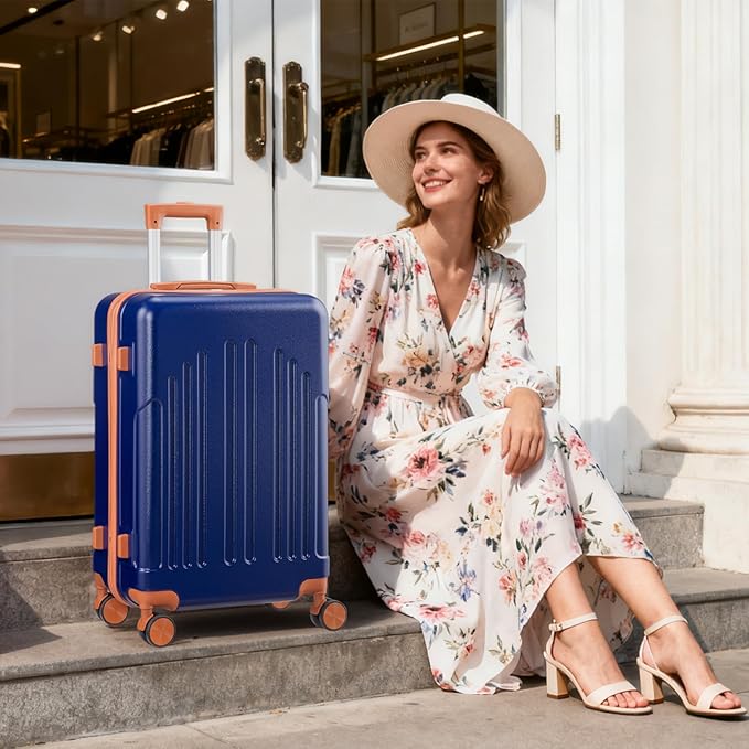 Karl home 24in Checked Luggage with TSA Lock, ABS Hardshell Check-in Suitcase with Spinner Wheels, Durable Medium Suitcase Rolling Luggage for Business Travel, Navy Blue & Brown