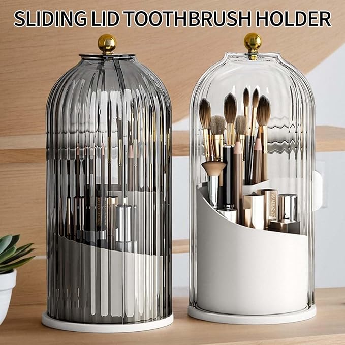 Sliding Lid Toothbrush Organizer, Toothbrush Holders with Sliding Lid, 360° Rotating Dustproof Concealed Toothbrush Holder, 3-Slot Varying Heights, Ideal for Bathroom, Makeup & Travel (Green)
