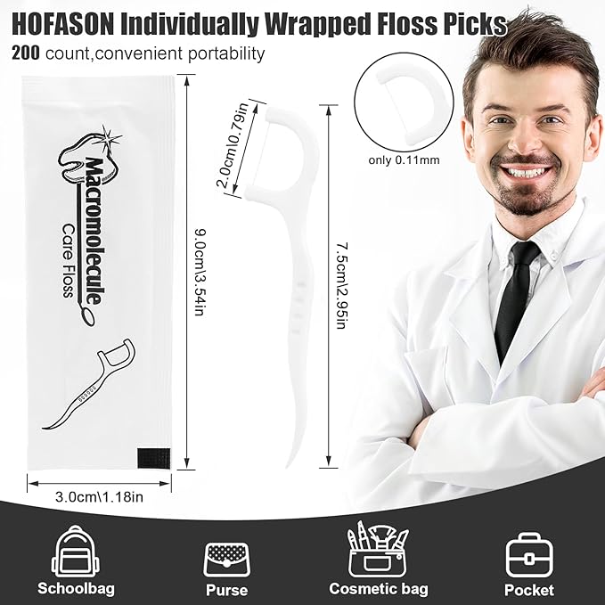 HOFASON 200 Count Individually Wrapped Floss Picks Dental Floss Sticks Bulk, Travel Flossers Oral Care Teeth Clean for Hotel Restaurant Office, Wedding Basket Supplies and Guest Bathroom Essentials