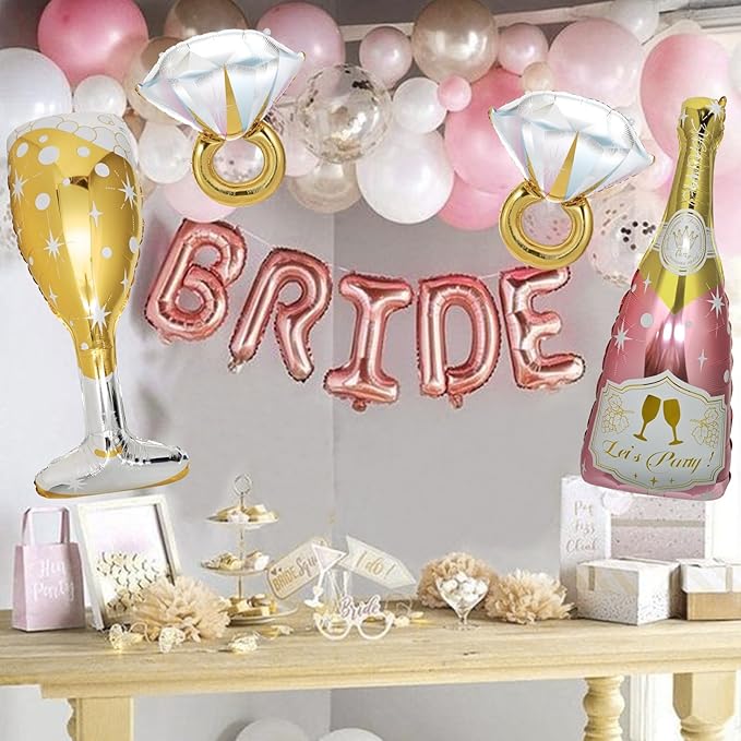 9 Pcs Bride Balloons, Huge Rose Gold Champagne Bottle Goblet Aluminum Foil Balloons for Birthday, Bachelorette, Bridal Shower, Wedding, Anniversary, Engagement Party Decorations Supplies