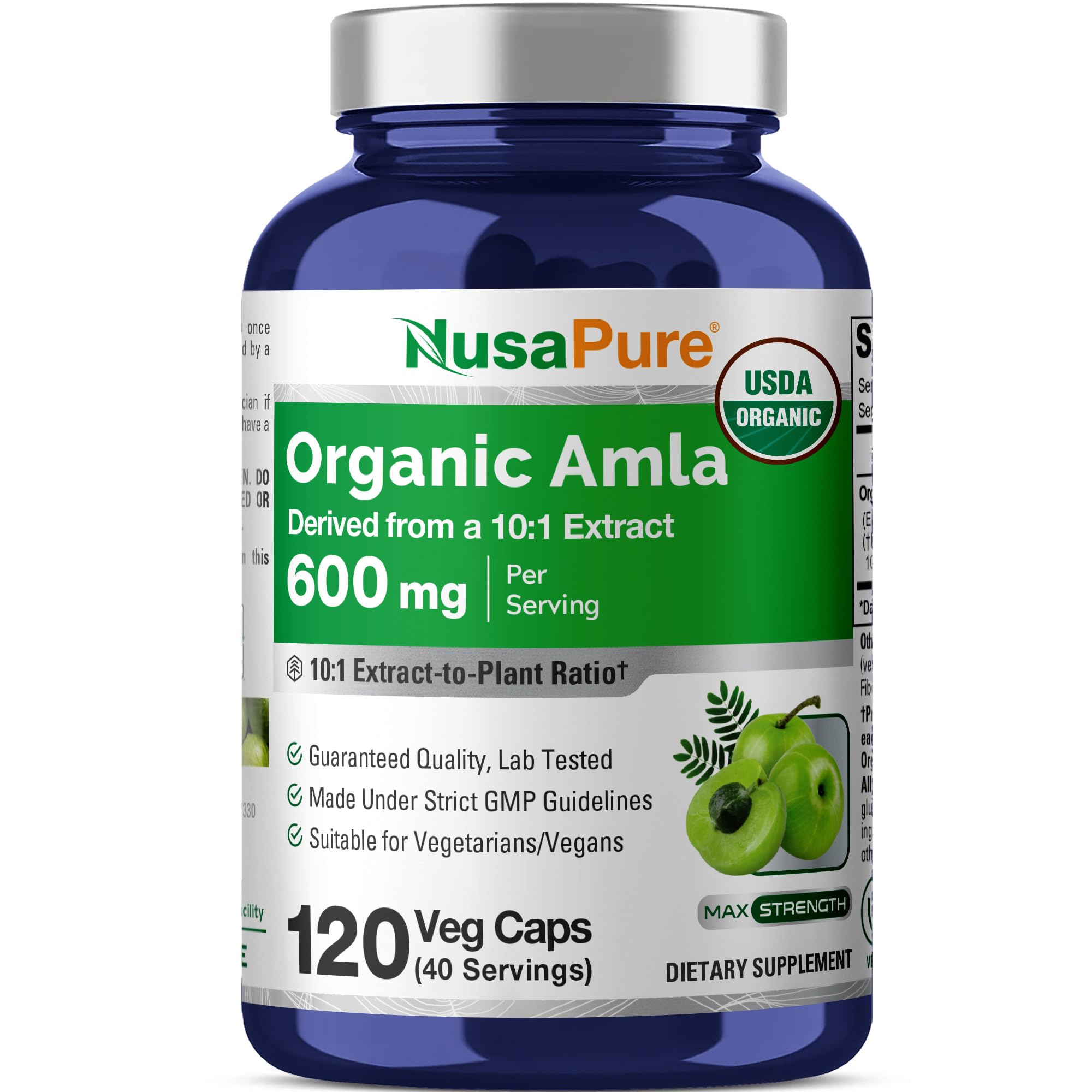 NusaPure Organic Amla Capsules 600 mg , 120 Veg Capsules (USDA, Vegan, Non-GMO)