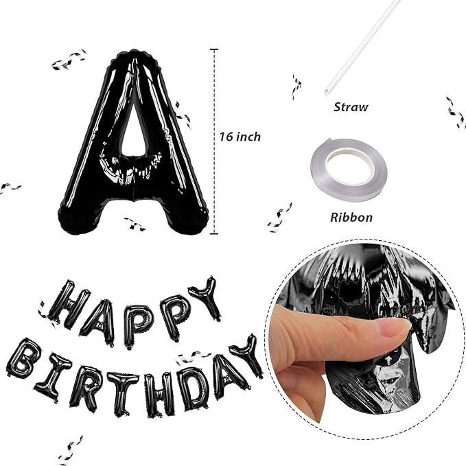 Happy Birthday Balloon, 16 Inch Black Mylar Foil, Unisex Party Decorations for Women, Men, Boys & Girls, Reusable