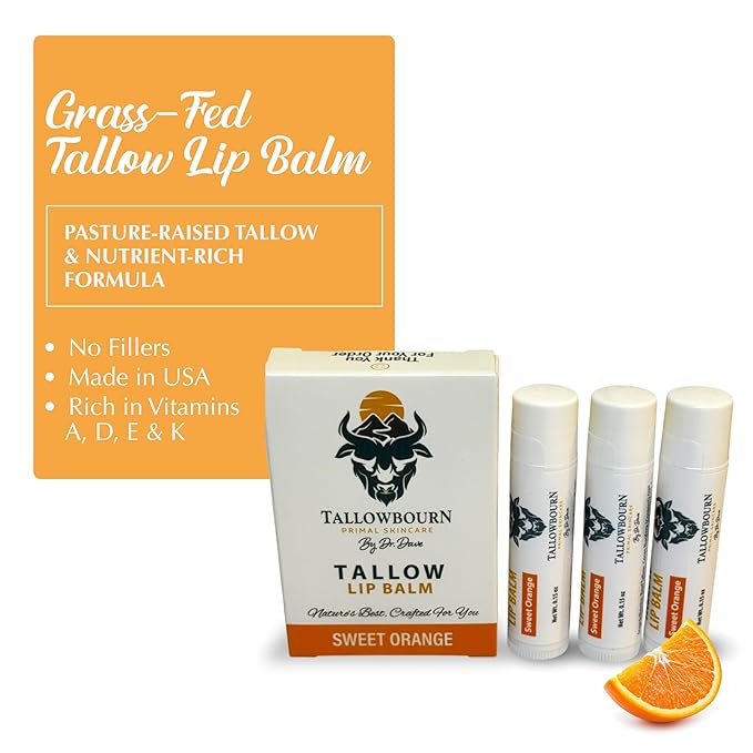Moisturizing Tallow Lip Balm – Grass-Fed Beef Tallow with Organic Coconut Oil, Beeswax, and Vitamin E – Sweet Orange – Lip Balm Set – Travel Essential – 3-Pack