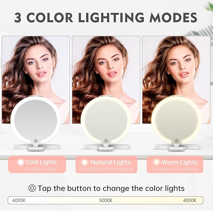 FUNTOUCH 7'' Travel Makeup Mirror with Lights 10X Magnifying, 3 Color Portable Double Side Vanity Compact Mirror with Rechargeable for Travel Essential, Gifts for Lover