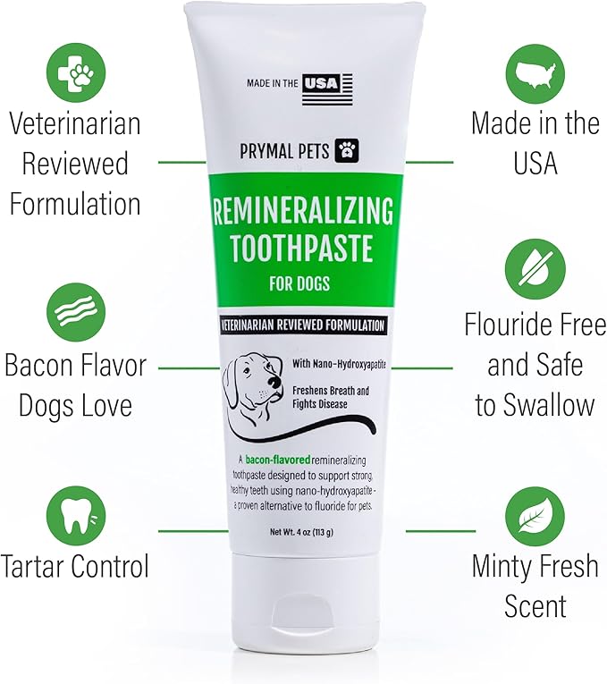 Prymal Pets Remineralizing Dog Toothpaste with Nano-Hydroxyapatite – Bacon Flavor, Fluoride-Free & Safe to Swallow, Veterinarian Reviewed, Made in USA, Fights Plaque & Freshens Breath (4 oz)