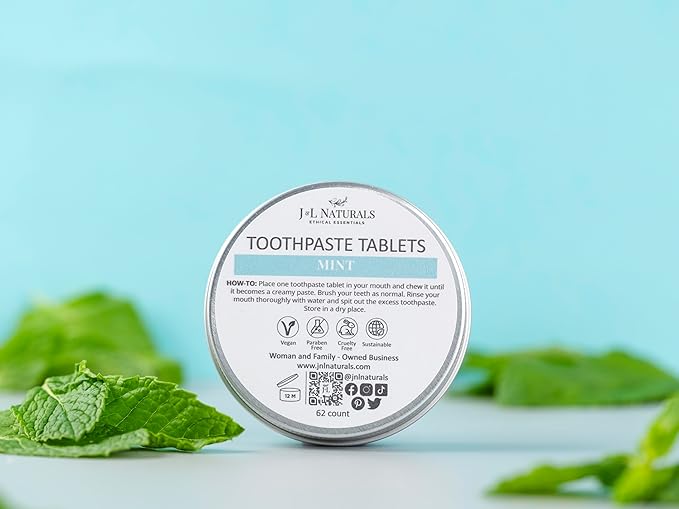 J&L Naturals Toothpaste Tablets | 62-Pack Travel-Friendly Toothpaste | Fluoride + Plastic Free, Vegan, Cruelty Free, Sustainable | Woman-Owned Small Business (Mint, 62 Count (Pack of 2))
