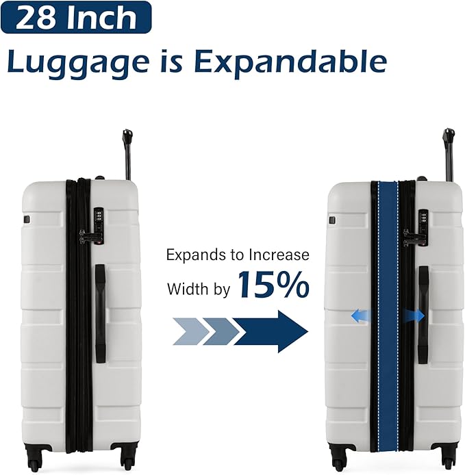 Coolife Expandable Large Checked Luggage Hardside PC+ABS Suitcase with TSA Lock, Lightweight Rolling Carry On with Spinner Wheels(White, 28in)