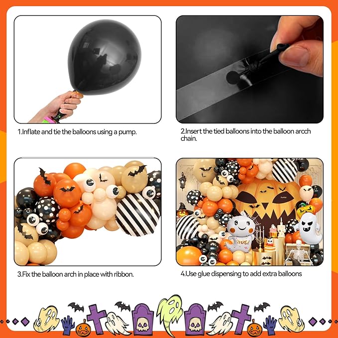 Orange Halloween Balloon Arch Garland, Orange Sand White Party Balloons with Ghost 18-In Strip Foil Balloon Eyeball Balloons Apricot Black Dot Latex Balloon Bat Sticker for Halloween Party Supplies