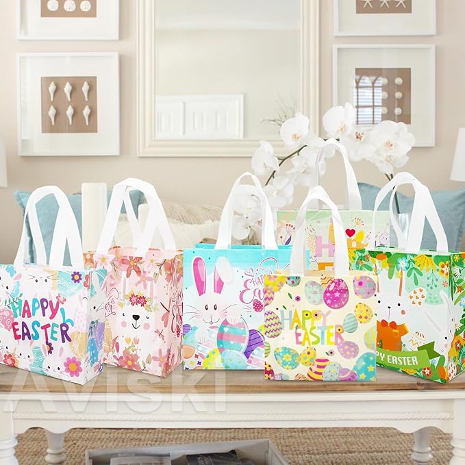 Aviski 12PCS Happy Easter Egg Hunt Bags Assorted Sizes Bunny Carrot Chick Egg Gift Bag with Handles, Easter Treat Bags, Non-Woven Gifts Wrapping, Spring Party Supplies