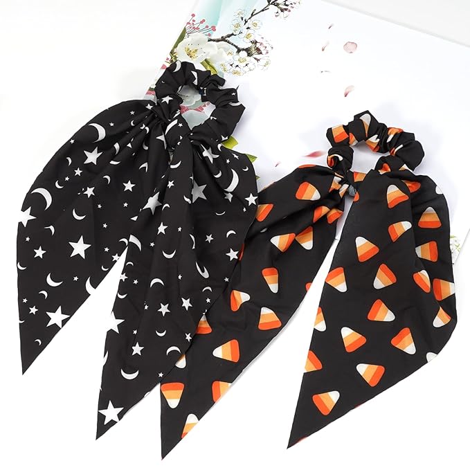 Halloween Hair Ties for Woman Girls Corn Candy Moon Star Hair Scrunchies Spooky Black Orange Elastic Ribbon Bow Hair Tie Halloween Party Supplies Hair Accessories 2PCS