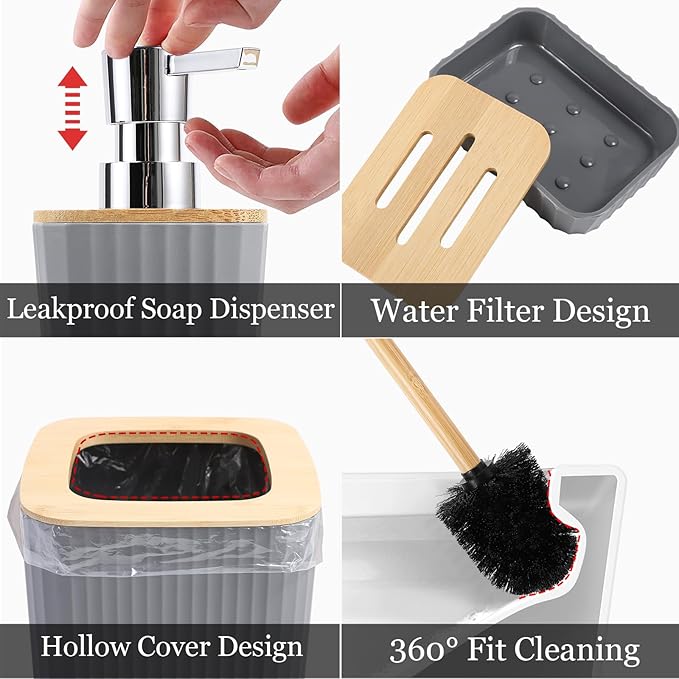Bathroom Accessory Set–Bathroom Set with Shower Curtain and Rugs, No Slip Bathroom Rugs Super Absorbent, Grey Ombre Waterproof Shower Curtain with Hooks, Gray Bathroom Sets Complete for Home