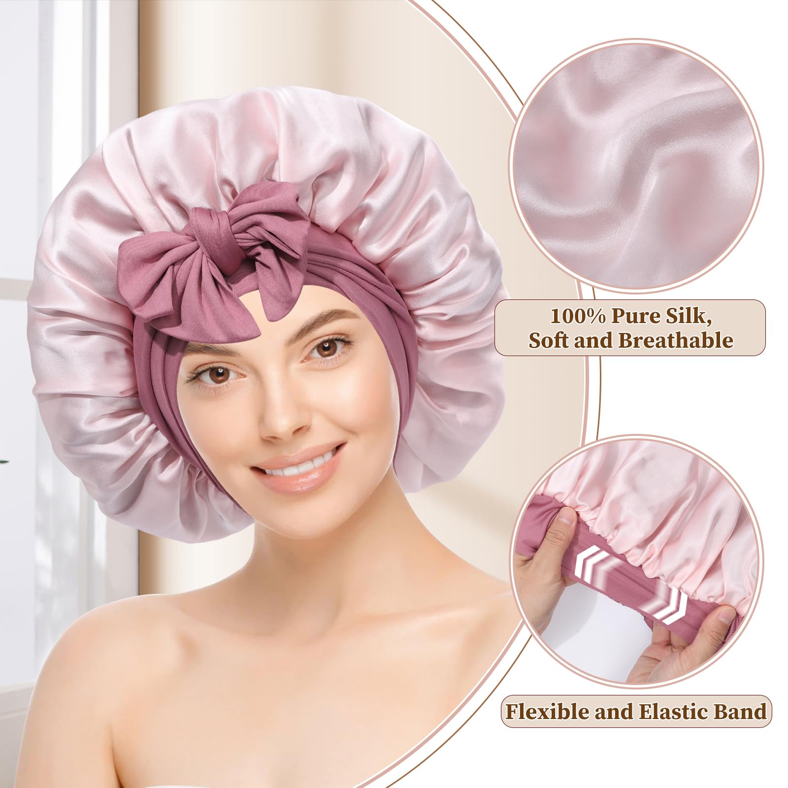 HAIMEIKANG Double-Sided 100% Mulberry Silk Bonnet & Shower Cap for Women - Premium Silk Sleep Cap for Hair Care - Comfortable & Stylish for Everyday Use and Travel