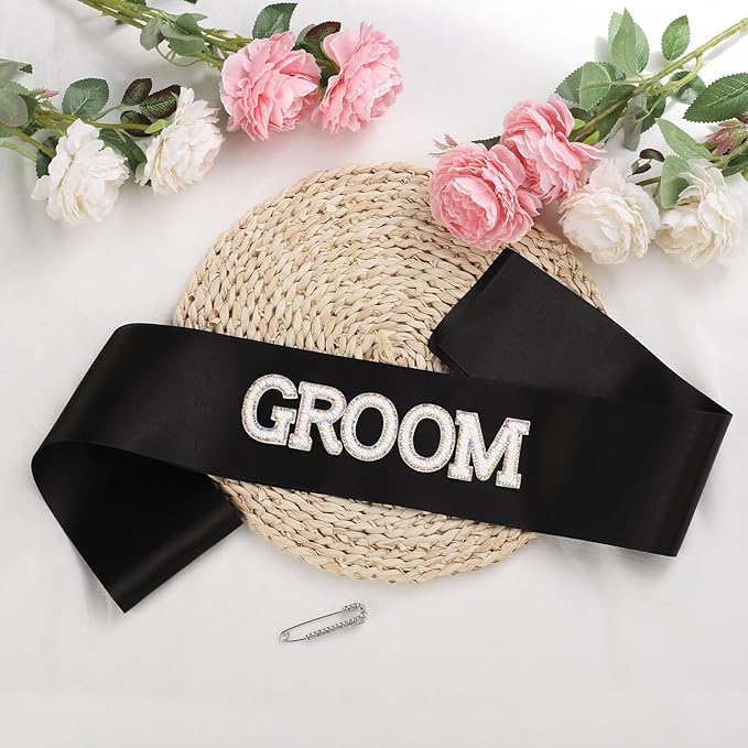 Etercycle Groom Sash, Bachelor Party Sash Wedding Decorations, Glitter Black Groomie Satin Sash For Wedding Engagement Party Favors Groom Bridal Shower Gifts With Diamond Pin